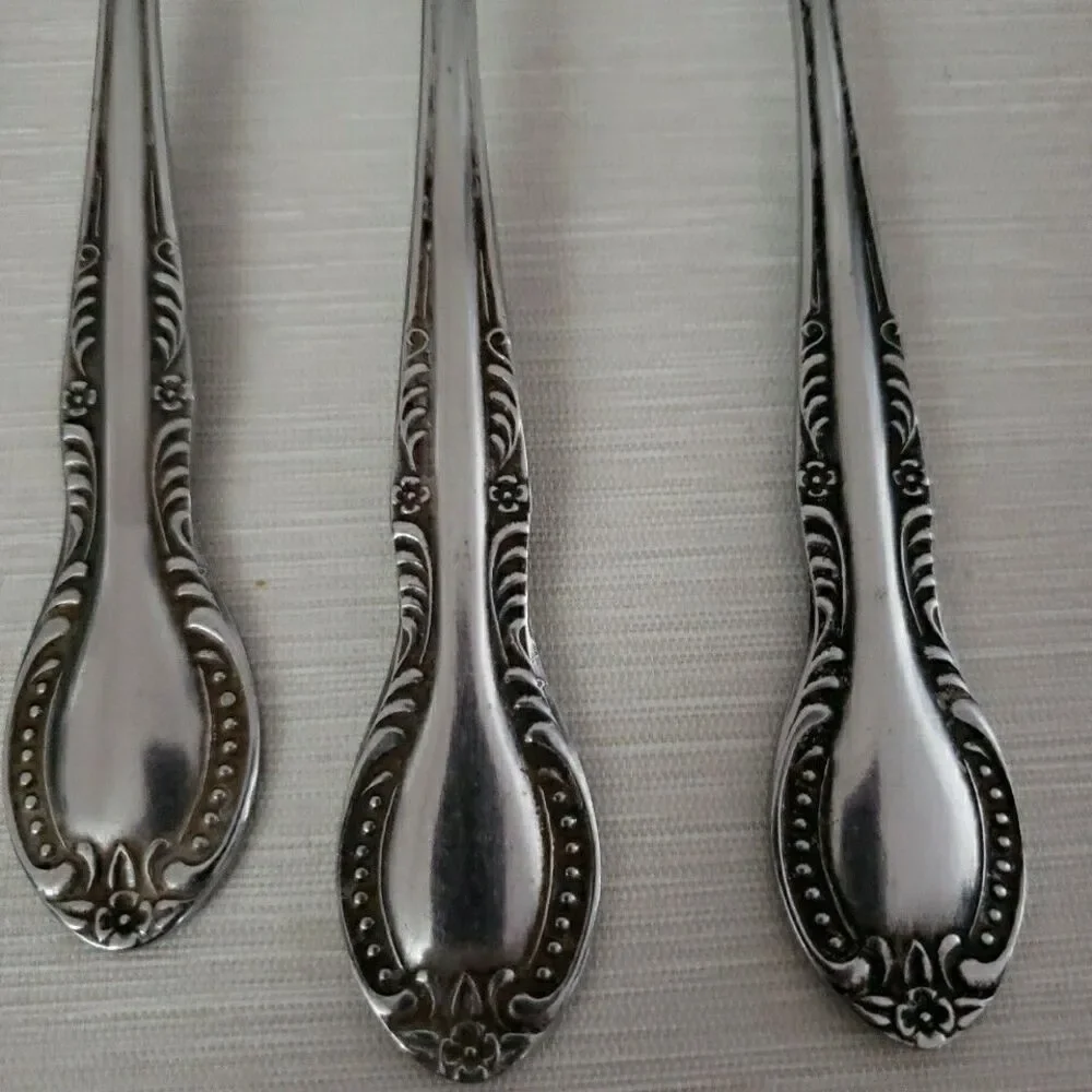 Columbia Stainless Japan 7 Dinner Spoons Flower Tip Beaded Edge Silverware VTG